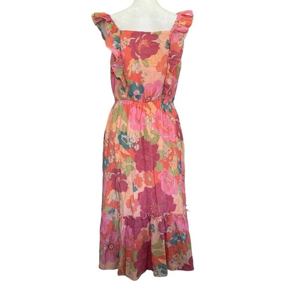 Frye Woman M Bright Floral Ruffled Smocked Dress NWT Flutter Sleeve Summer - Picture 2 of 10